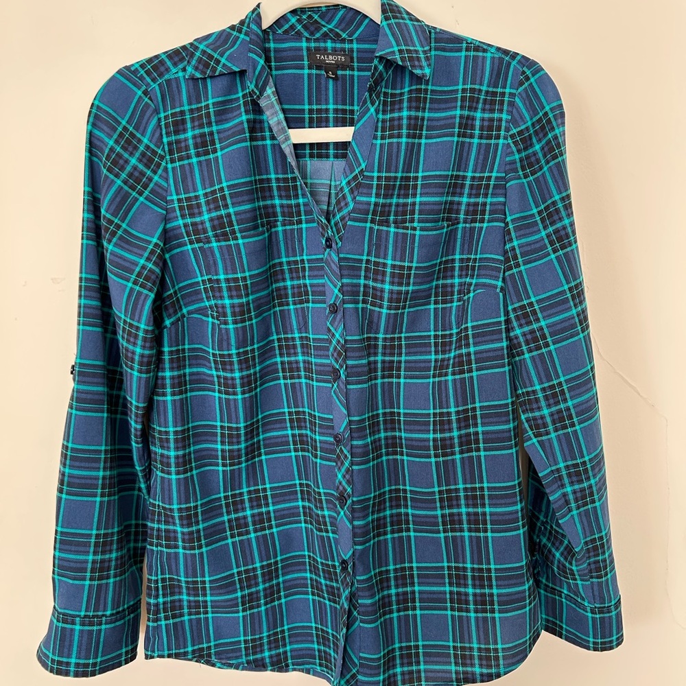 Talbots Women's Teal and Black Plaid Button Down Shirt